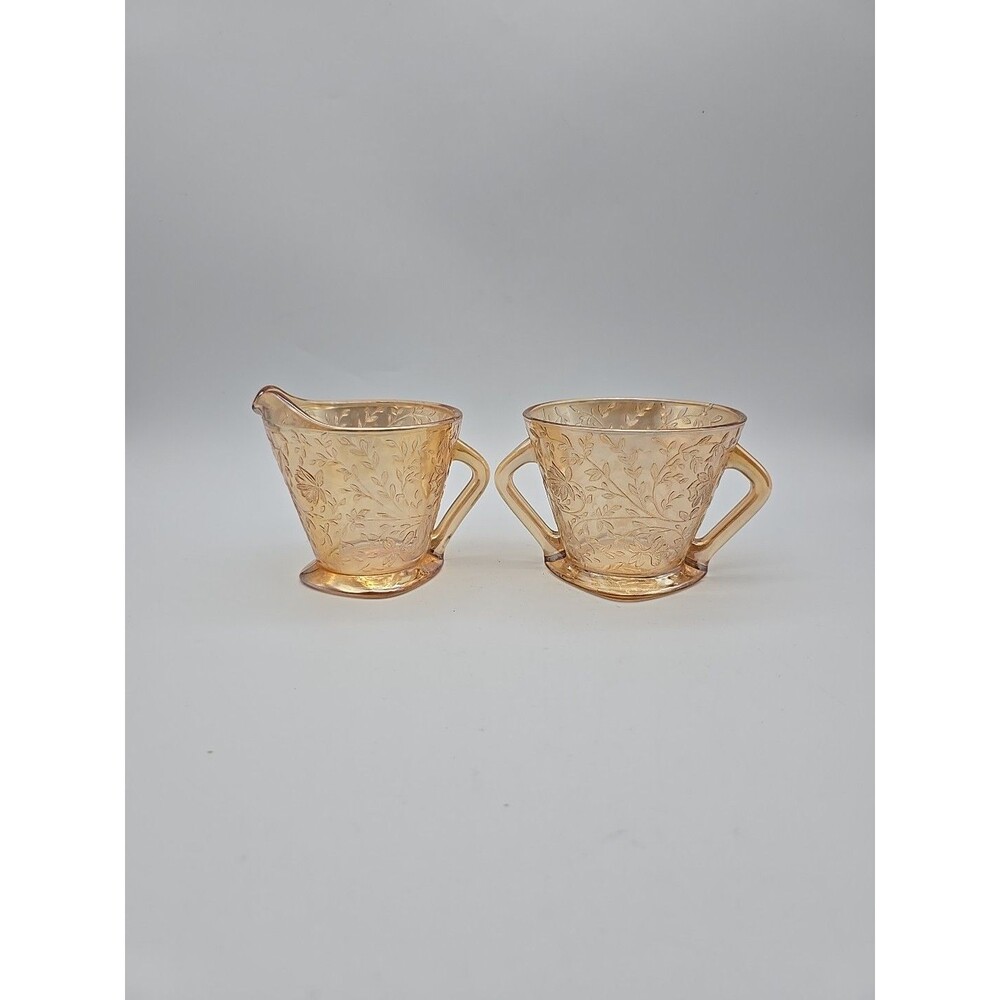 Vintage Jeannette Glass Floragold Louisa Sugar & Creamer Set Iridescent Carnival